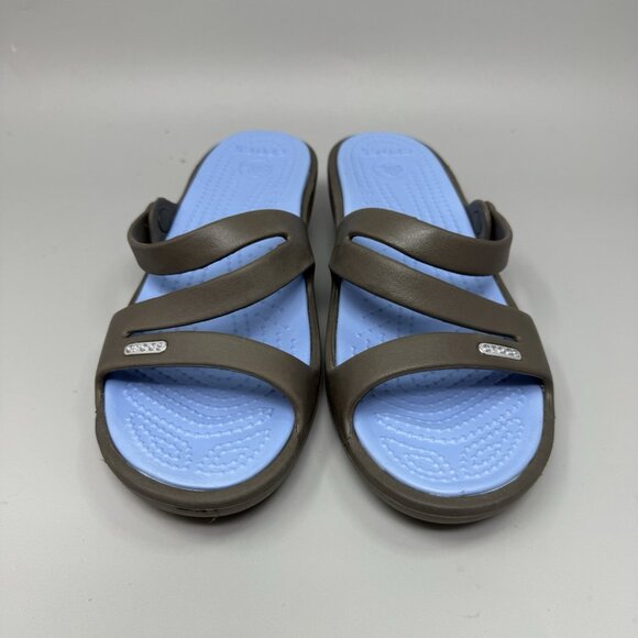 Crocs Patricia Sandals 10386 Strappy Wedge  Blue Brown Size 8 - Picture 4 of 8